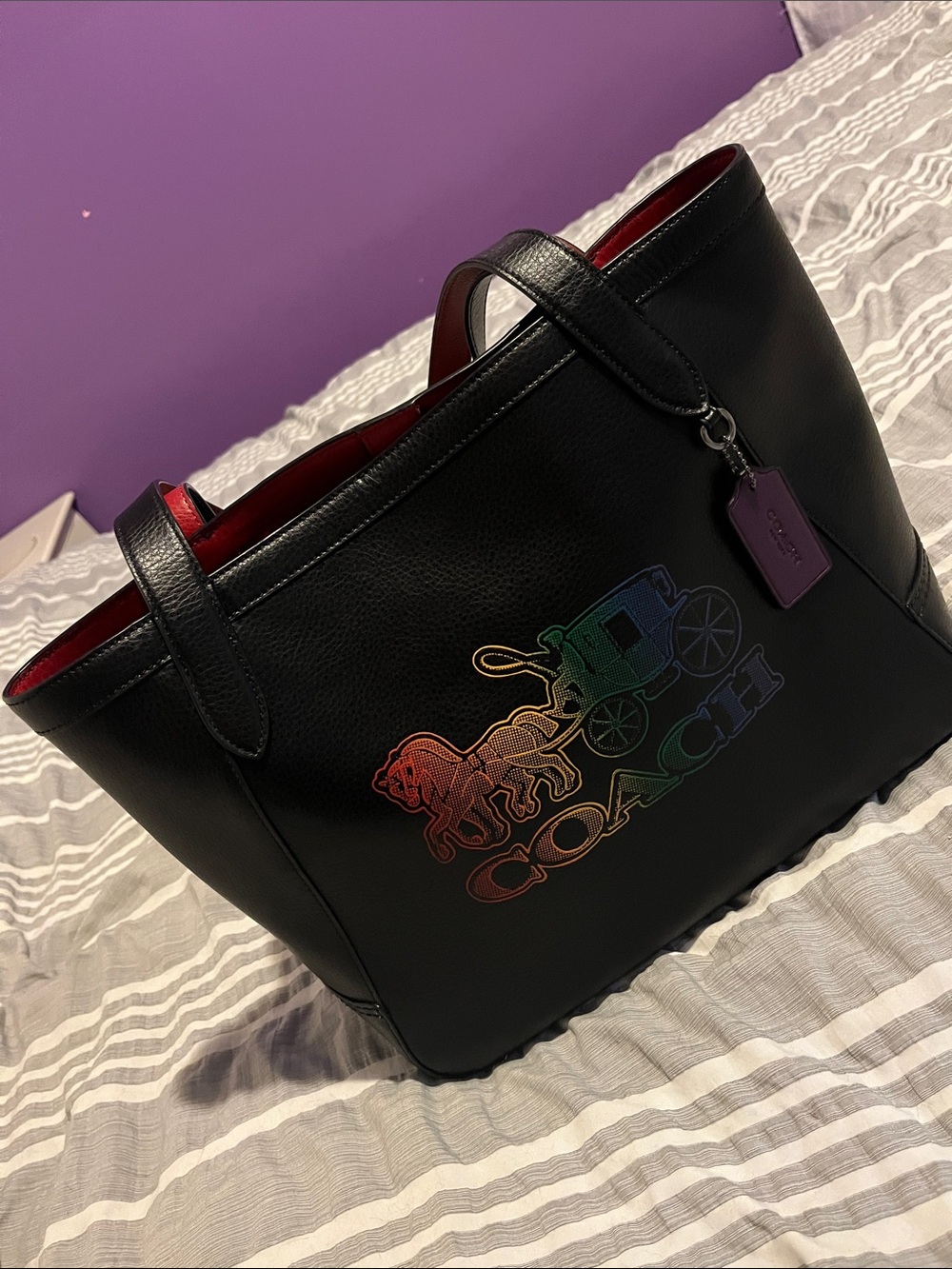 Coach Black Leather Tote with Rainbow Coach Logo